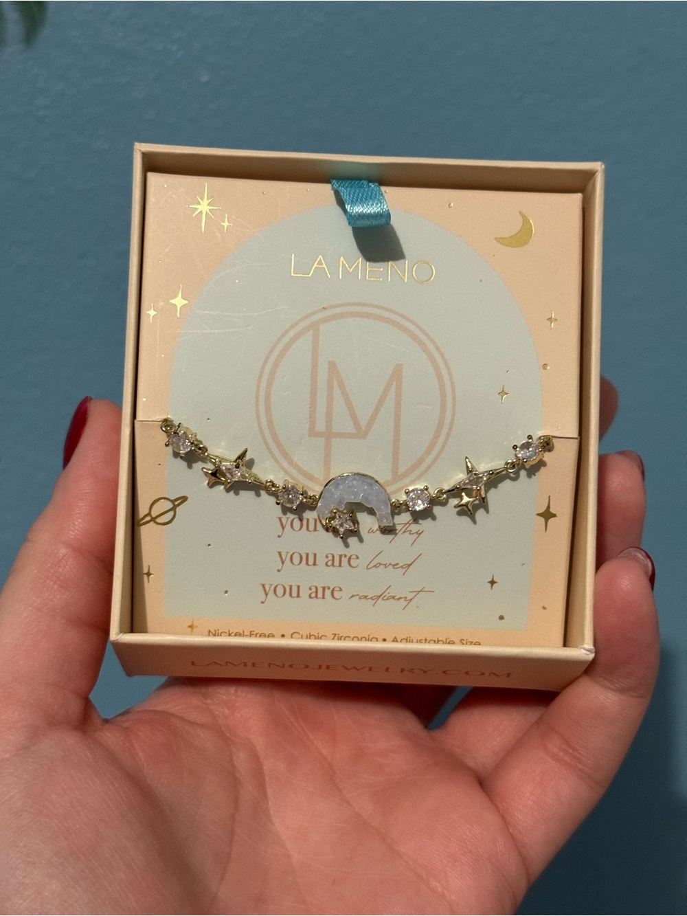 LA MENO Gold Moon & Star Bracelet in White Opal